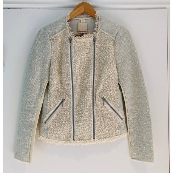Rebecca Taylor Jackets & Blazers - Rebecca Taylor Tweed Jacket Moto Size 6 Frayed Edges Cotton Leather Trim Biker